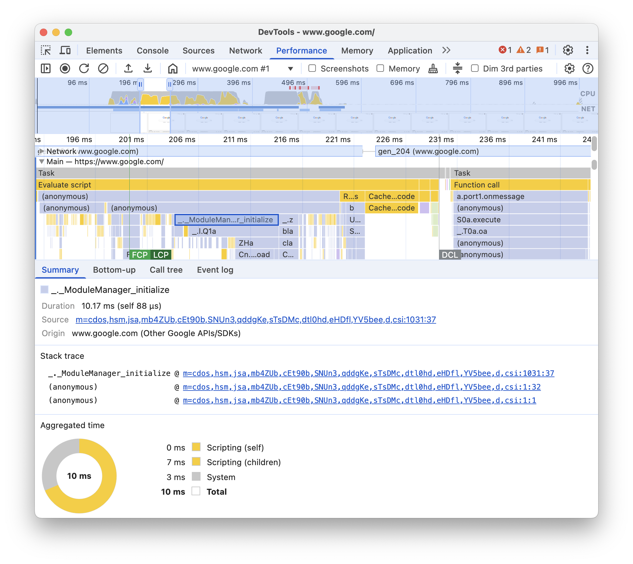 More information about a main thread event in the Summary tab.
